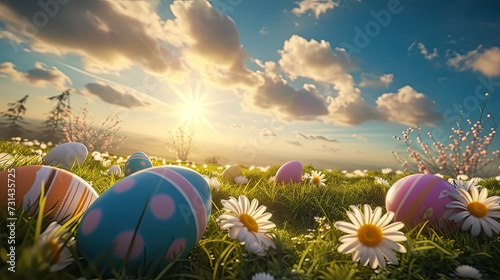 Vibrant Easter Scenery: A Colorful Egg Hunt Amidst a Field of Daisies photo