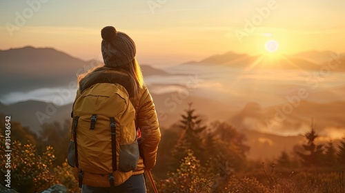 Radiant and Adventurous: A Hipster Young Girl Basks in the Warmth of the Sun with Her Backpack