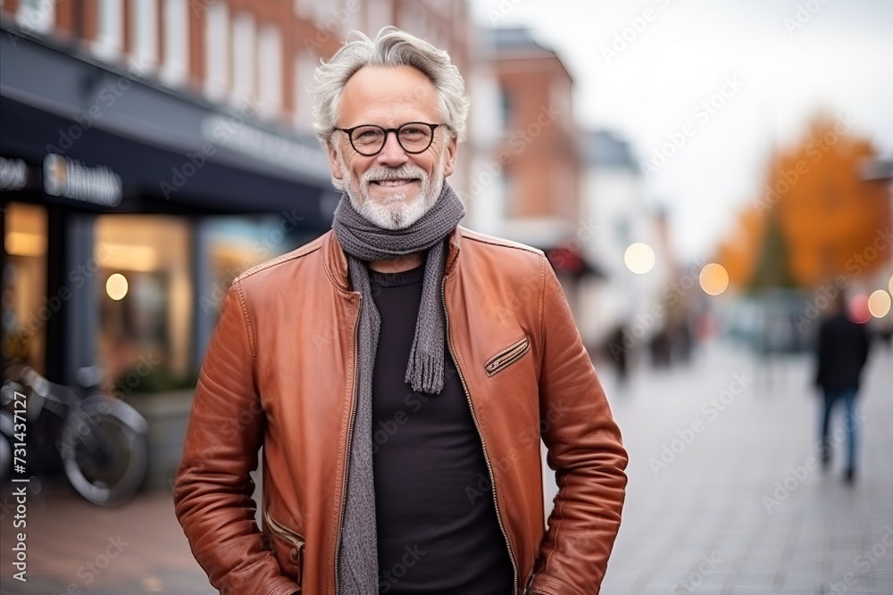 Portrait of a senior man walking on the street at autumn time