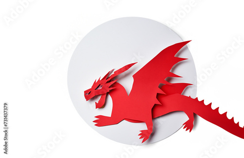 Red Paper Cutout Style 3D Red Dragon Isolated © vertis