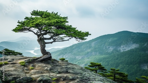 Marvel at the Majestic Korean Pine Tree atop the Mountain Peak