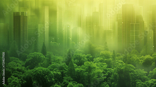Eco friendly concept of green forest in front of big city skyline. 