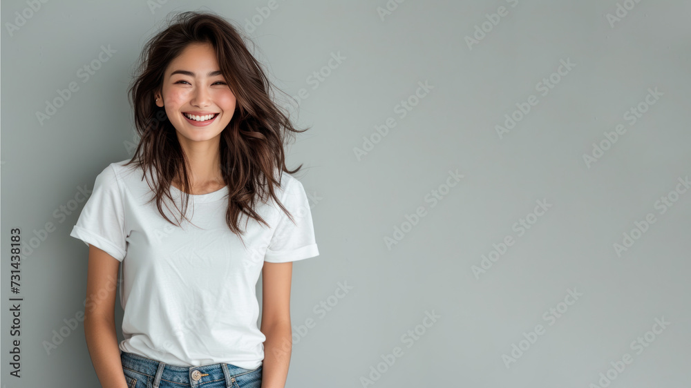 Asian woman wear white t-shirt smile isolated on grey background Asian woman wear white t-shirt smile isolated on grey background