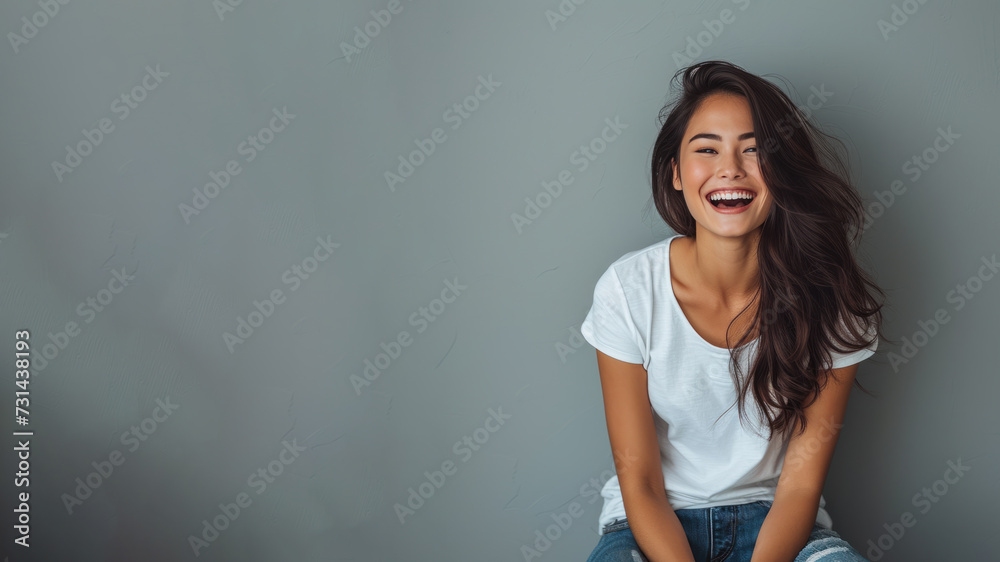 Asian woman wear white t-shirt smile isolated on grey background