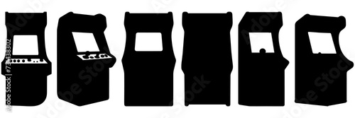 Arcade machine 80s game silhouettes set, large pack of vector silhouette design, isolated white background.