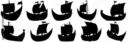 Sailboat ship silhouettes set, large pack of vector silhouette design, isolated white background.