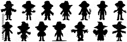 Scarecrow field farm silhouettes set, large pack of vector silhouette design, isolated white background.
