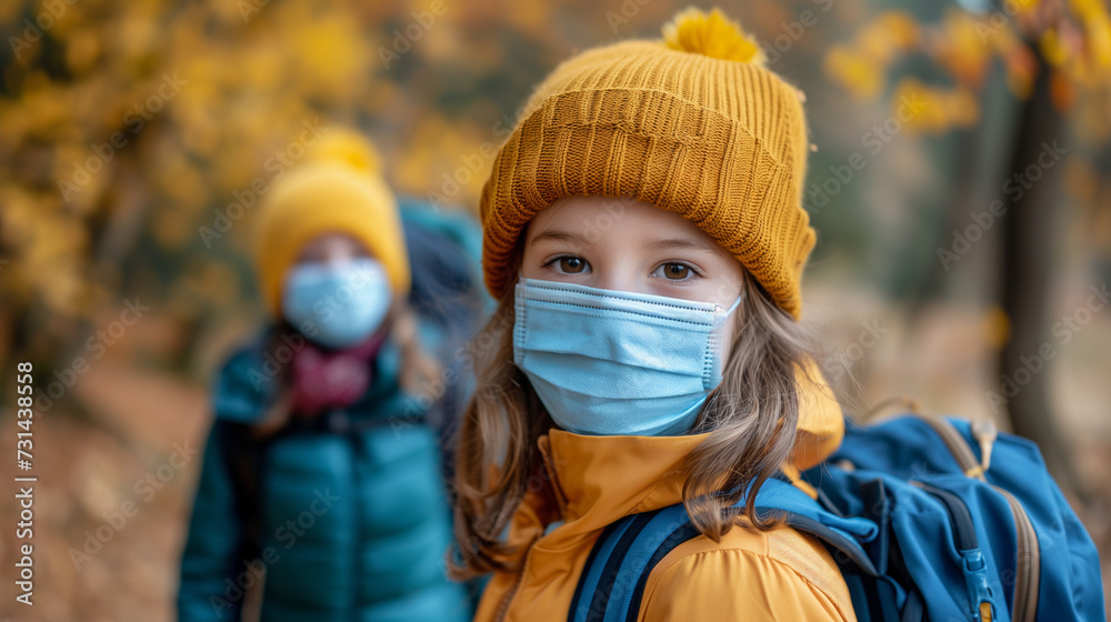 Outdoor hiking in the late fall, kids in hats wearing face masks. 