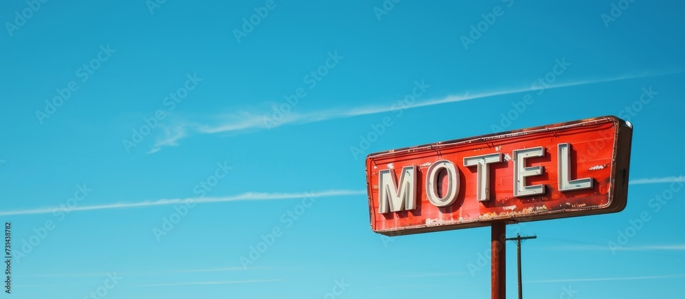 A rectangular red motel sign stands on an electric blue pole against a backdrop of a blue sky with white puffy clouds.