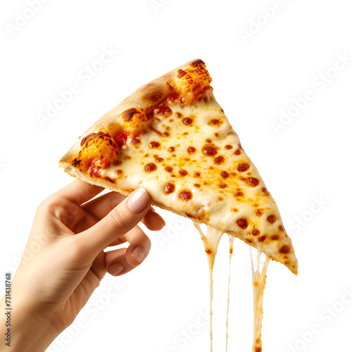 Close up photo of a delicious Four Cheese pizza slice in a woman’s hand: fast food, Isolated on Transparent Background, PNG