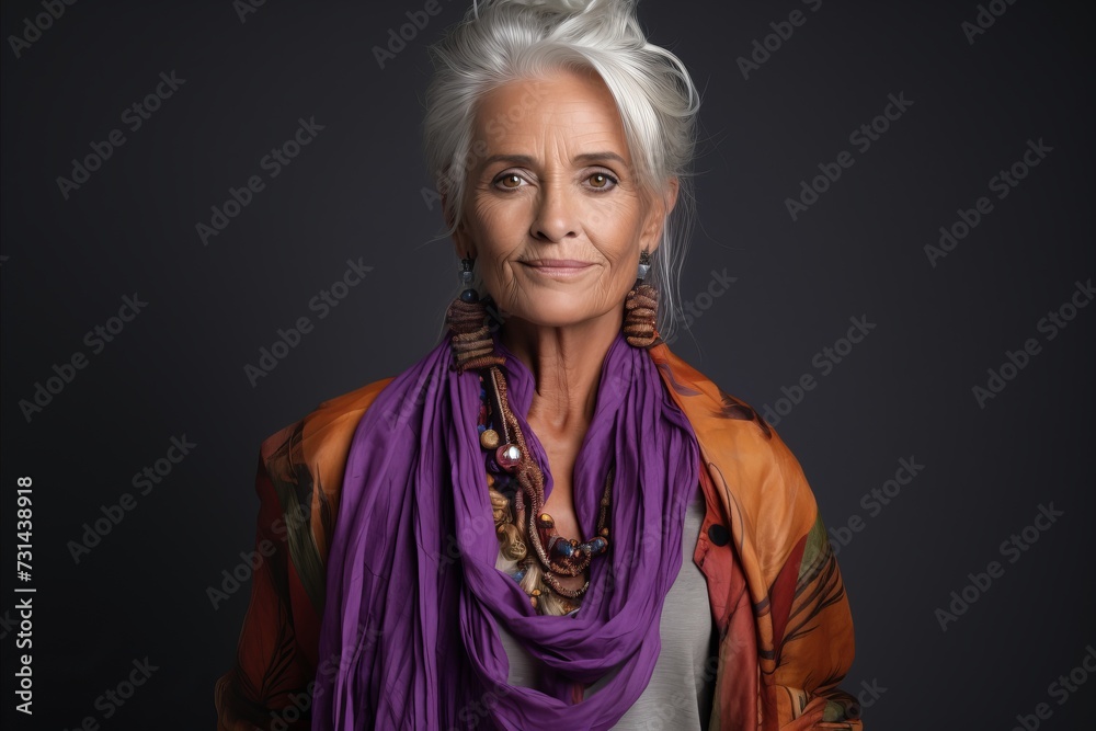 Portrait of a beautiful senior woman wearing scarf over dark background.