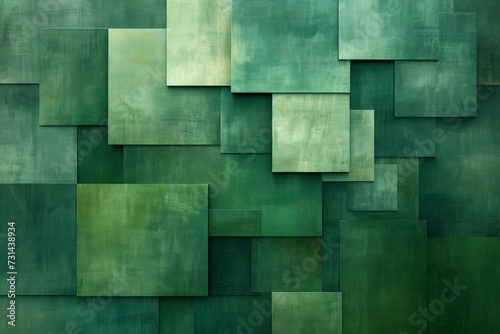 green geometric background with abstract blocks  canvas paper texture  light and shadow 