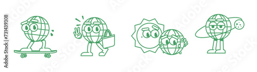 Cartoon mascot earth illustration. Mascot Cartoon earth illustration collection. Set of vintage groovy characters and elements for poster of sticker design. Retro character