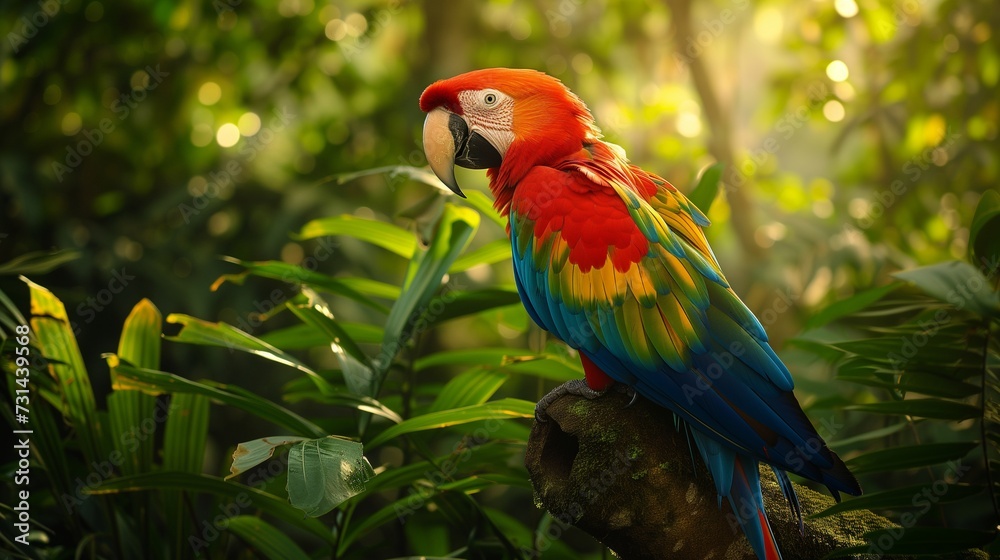 In the heart of the vibrant Amazon rainforest, a resplendent macaw parrot, adorned in a kaleidoscope of vivid feathers, perches majestically against the lush green foliage. 