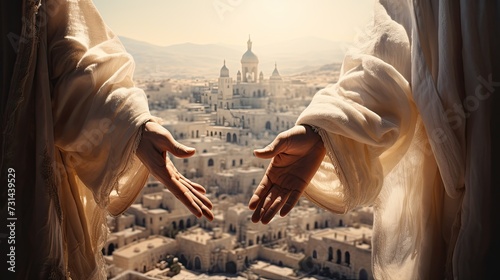 Two hands in light clothes on the background of old Jerusalem. photo
