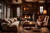 A cozy fireplace setting with comfortable seating and a blank frame enhancing the cozy ambiance.