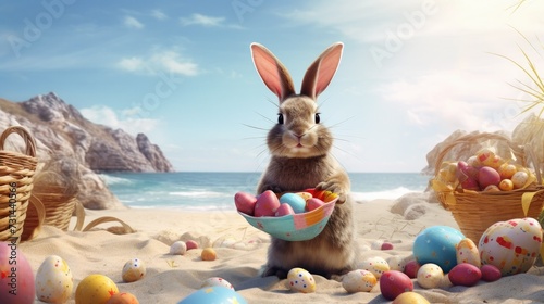 Beachside Easter Fun: The Bunny Delivers Colorful Eggs in the Sand photo