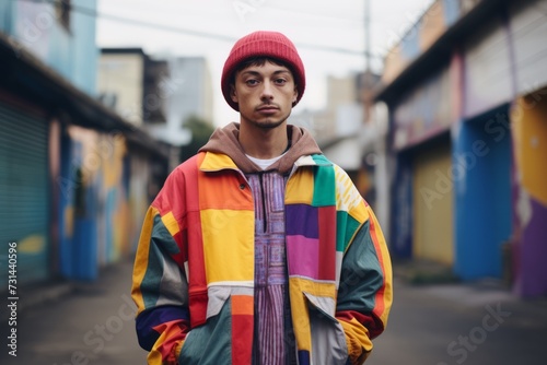 Portrait of a handsome young man in a colorful jacket and hat on the street.