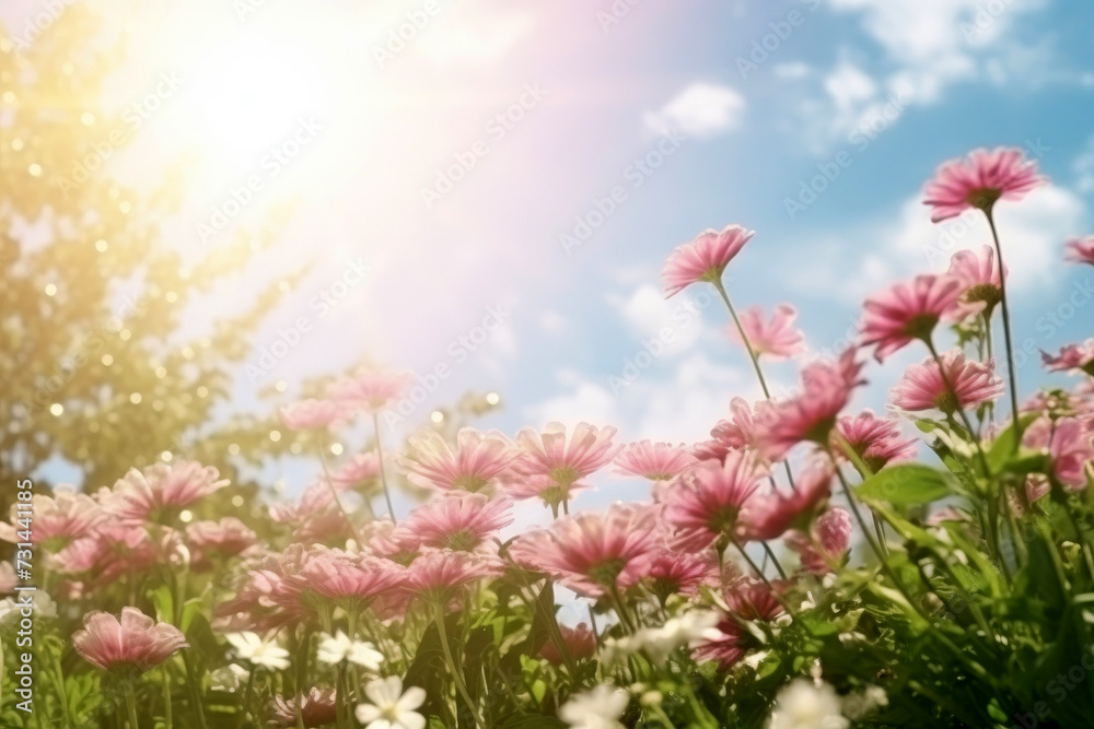 Obraz premium spring daisy flower blooms in a field during sunset summer landscape blur background. Spring season AI generated
