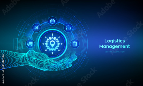 Logistics management concept. Logistic icon in wireframe hand. Smart logistics and transportation. Logistic global network distribution. Business of transport industrial. Vector illustration.