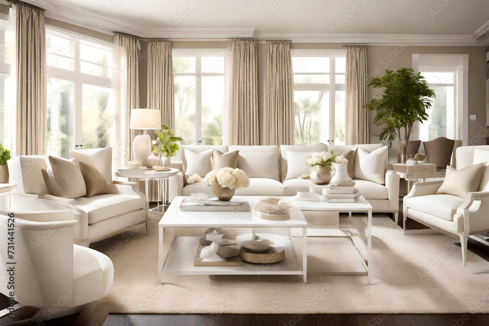 A sleek white coffee table complemented by a set of matching armchairs, set in a tastefully decorated living room accented with subtle cream hues and hints of metallic accents. A sleek white coffee table complemented by a set of matching armchairs, set in a tastefully decorated living room accented with subtle cream hues and hints of metallic accents.