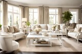 A sleek white coffee table complemented by a set of matching armchairs, set in a tastefully decorated living room accented with subtle cream hues and hints of metallic accents.