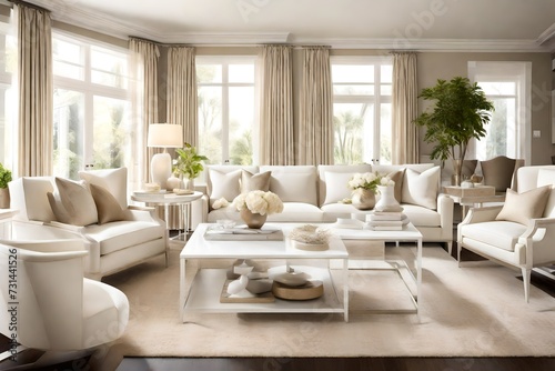 A sleek white coffee table complemented by a set of matching armchairs, set in a tastefully decorated living room accented with subtle cream hues and hints of metallic accents. © WOW