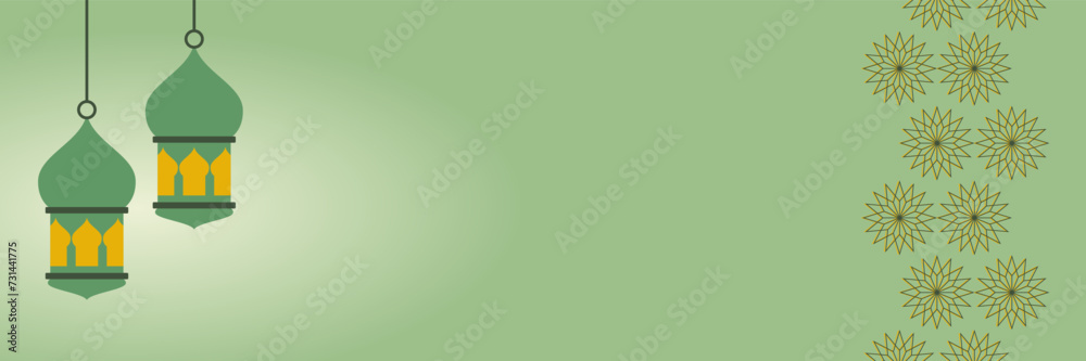 green islamic background with lantern decoration. free copy space area design. vector for banner, poster, greeting card, social media, web.
