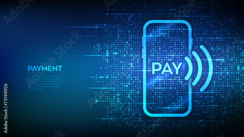 Payment with smartphone icon made with currency symbols. Online mobile payment. NFC. Near-field communication. Contactless payment. Background with Dollar, euro, yen, pound icons. Vector illustration.