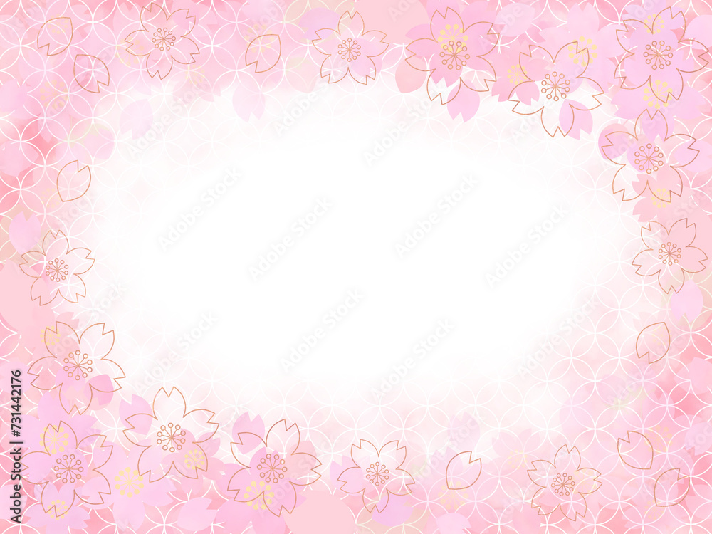 ピンクゴールドフレームの桜も混じった七宝文様地紋の春の満開背景素材