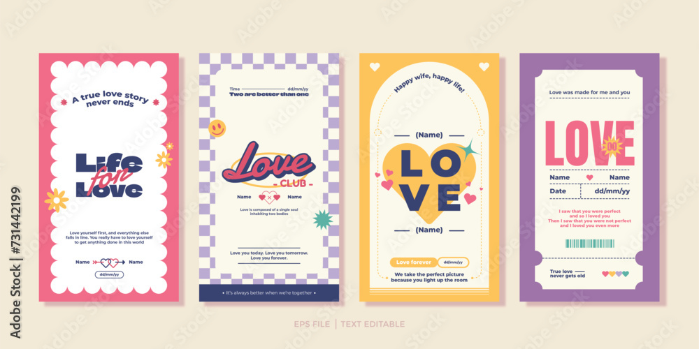 Naklejka premium Cute love social media stories template. Social media stories templates. Vector illustrations for mobile apps, banner, greeting card. Cute social media post and story template. Social media stories.