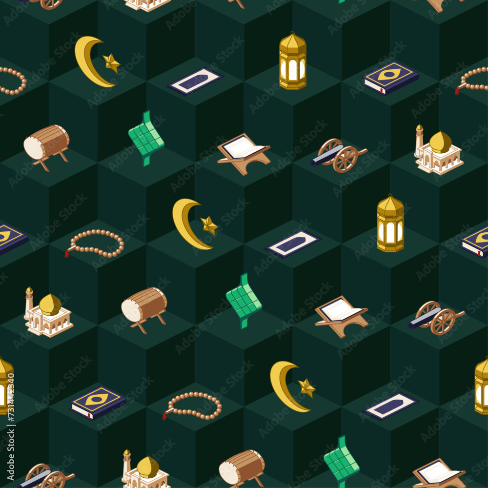 Seamless pattern of colored ramadan icons on dark green isometric background - obrazy, fototapety, plakaty 