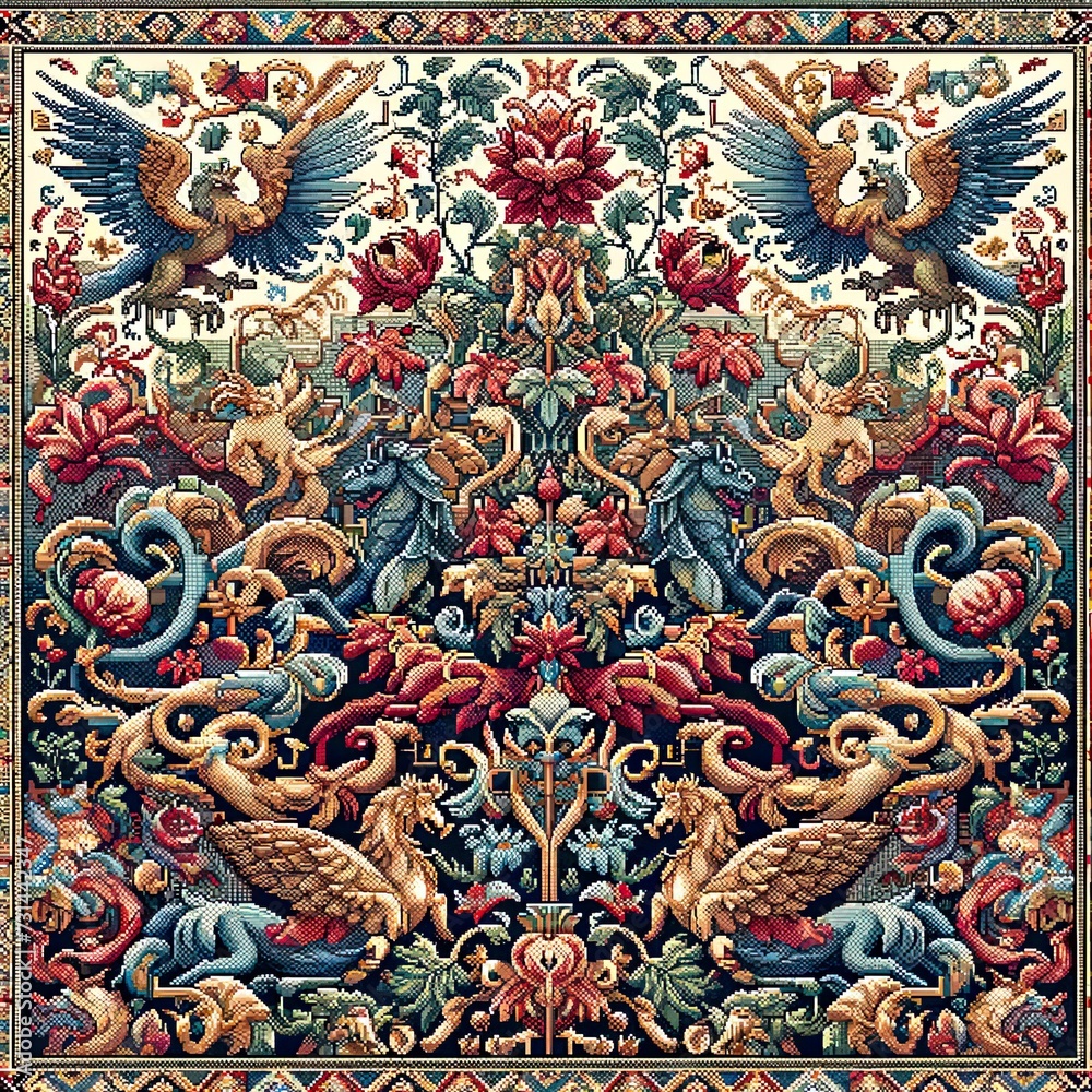 seamless pixel art pattern traditional tapestry motif  floral designs and elements reminiscent of mythical creatures or medieval scenes
