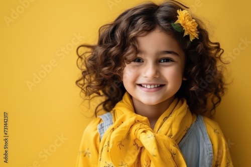 Smiling little girl with yellow flowers in her hair over yellow background