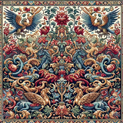 seamless pixel art pattern traditional tapestry motif floral designs and elements reminiscent of mythical creatures or medieval scenes