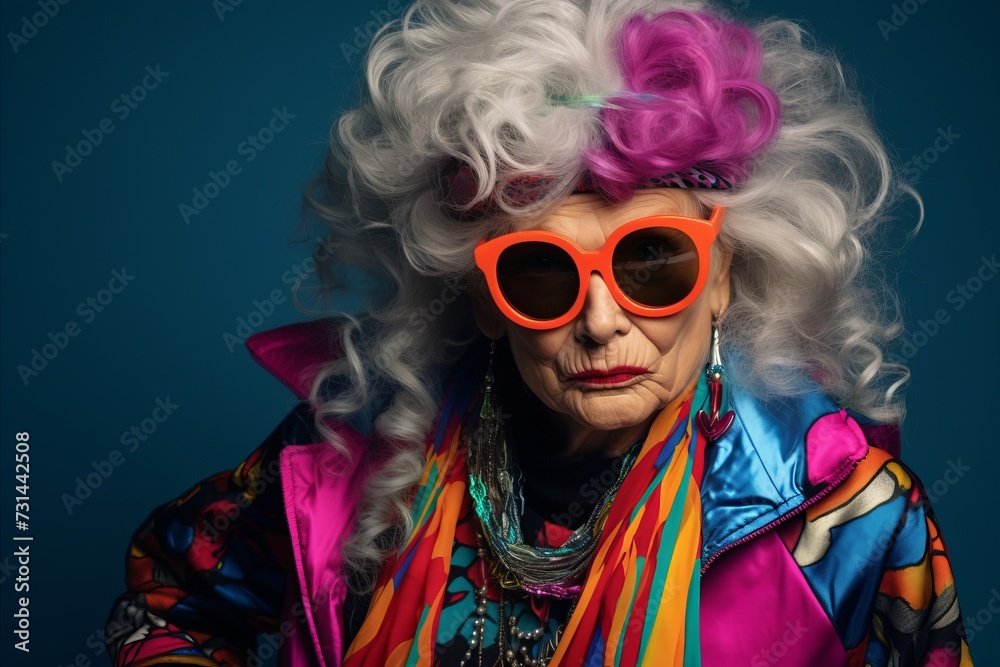 Fashion portrait of an elderly woman with bright colorful hair and sunglasses.