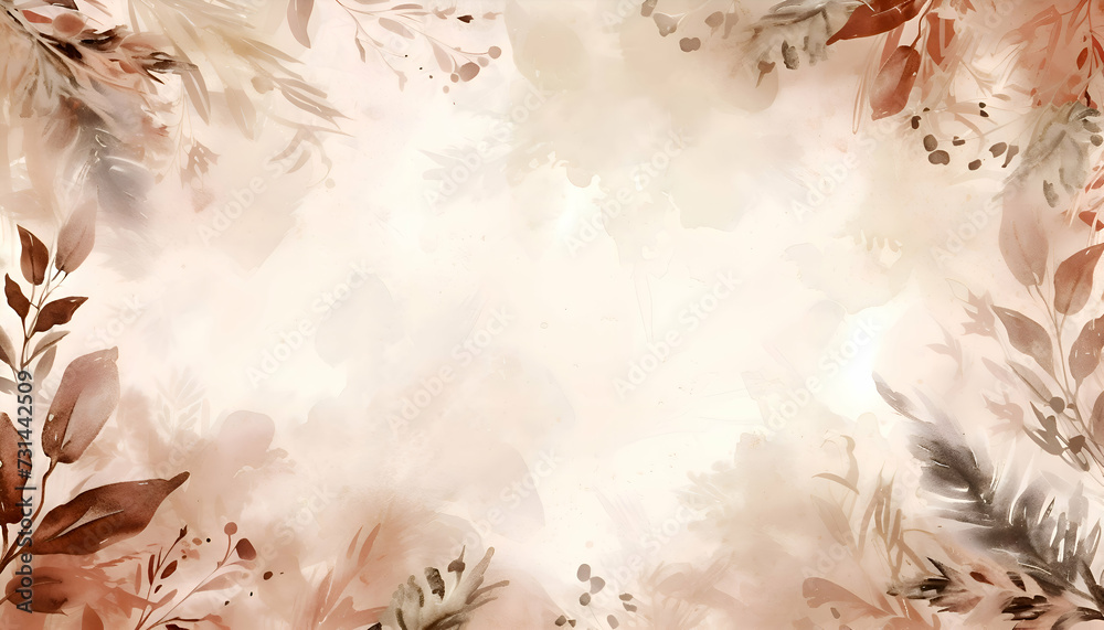 Boho watercolor background with flowers and empty space for text. Boho backdrop. Wallpaper painted with flowers and leaves. Boho watercolor background with flowers and empty space for text. Boho backdrop. Wallpaper painted with flowers and leaves.