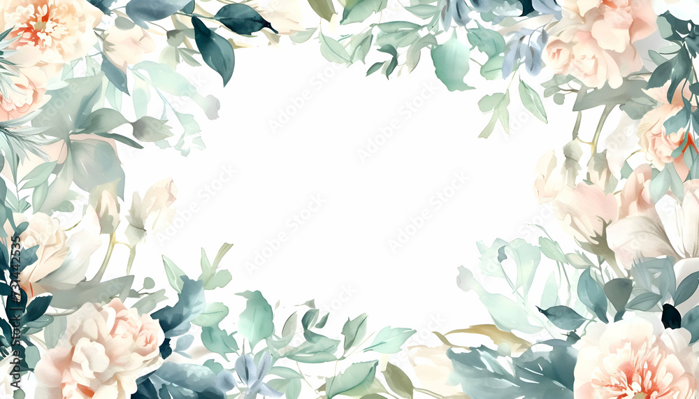 Boho watercolor background with flowers and empty space for text. Boho backdrop. Wallpaper painted with flowers and leaves. 