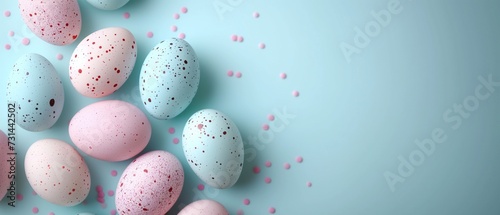 Serene Easter Banner with Speckled Pastel Eggs in Baby Blue and Powder Pink - A Fresh, Minimalist Springtime Celebration