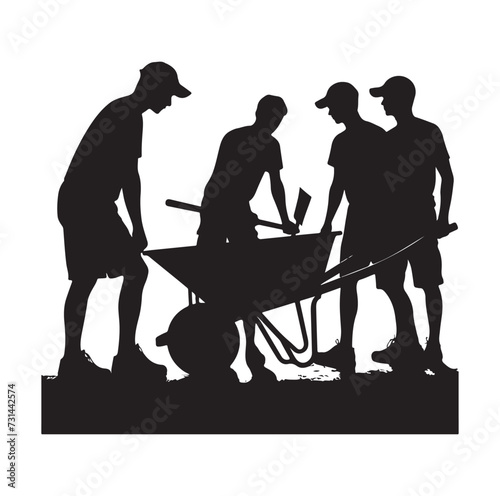 People using wheelbarrow, Construction worker pushing wheelbarrow silhouette, 