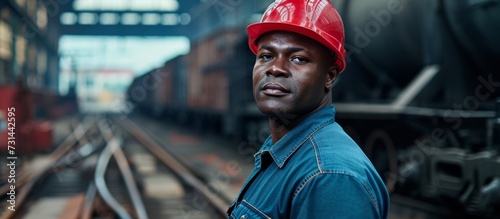 An engineering professional wearing a hard hat is smiling near electric blue train tracks, demonstrating the importance of personal protective equipment.