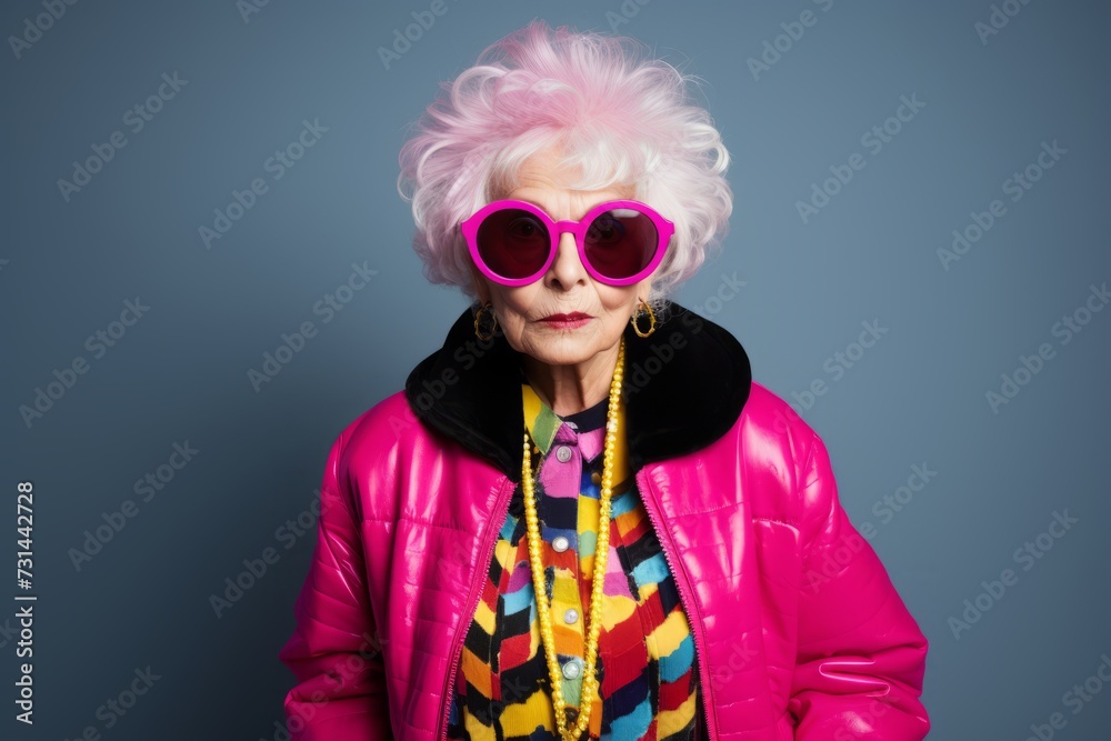 Fashionable senior woman with pink hair and sunglasses. Studio shot. Fashionable senior woman with pink hair and sunglasses. Studio shot.