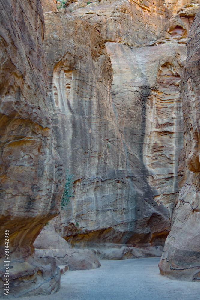Rocky canyon entrance to the city of Petra, Wadi Musa, Jordan.