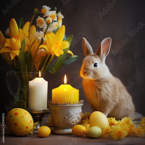 Springtime Delights: A Cheerful Arrangement of Daffodils, a Playful Rabbit, and Warm Candlelight