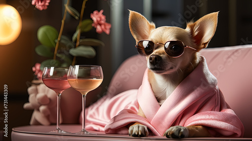 A stylish Chihuahua, wrapped in a towel and donning sunglasses on the groomers table