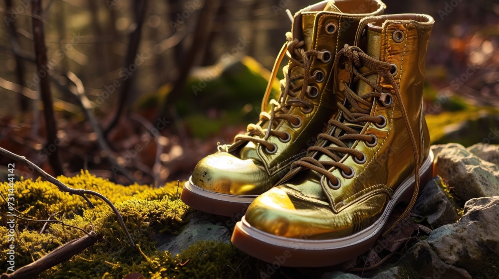 © StasySin - A pair of golden boots illuminated by sunlight in a forest setting