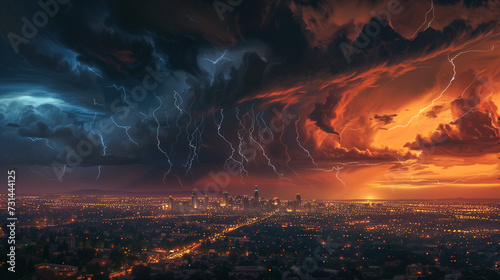 dramatic thunderstrom across the sky above city