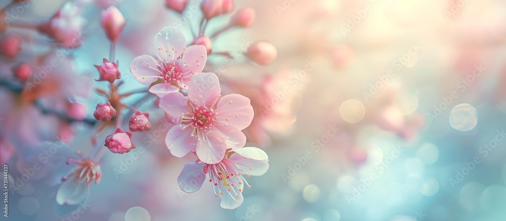 A detailed view of cherry blossom petals on a flowering tree branch, captured through macro photography.