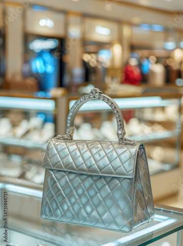 A metallic quilted handbag with a jeweled handle, set against the luxurious backdrop of a high-end boutique.
