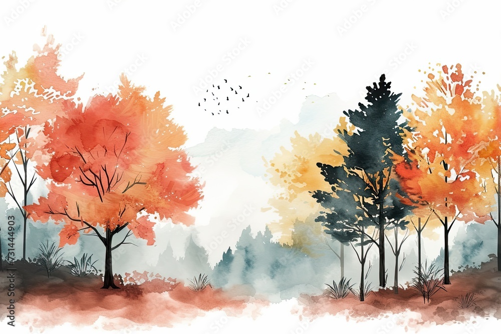 watercolor landscape with trees